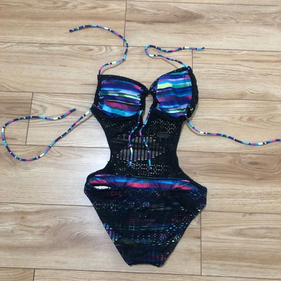 OP Ocean Pacific Bikini Size M Open Back Ties One Piece Mesh Black Tropical EEUC - Picture 3 of 5